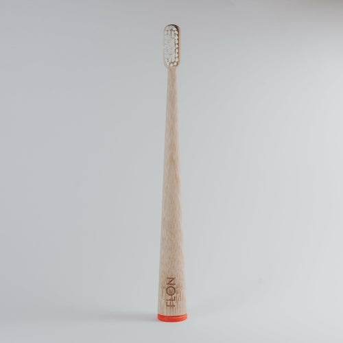 Adult bamboo toothbrush with BPA-free bristles and red base, biodegradable and zero-waste.