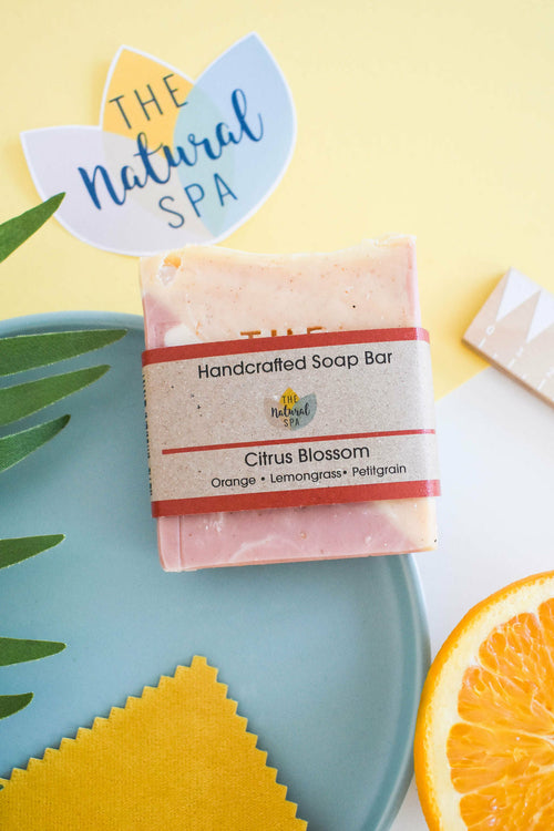 Vegan citrus blossom soap bar featuring lemongrass, orange and palmarosa, with eco-friendly styling.
