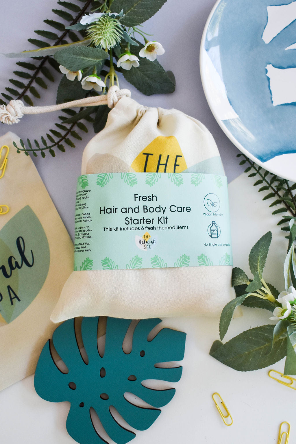 Selection of plastic-free Fresh hair and body starter kits with colourful labels, vegan and sustainable.