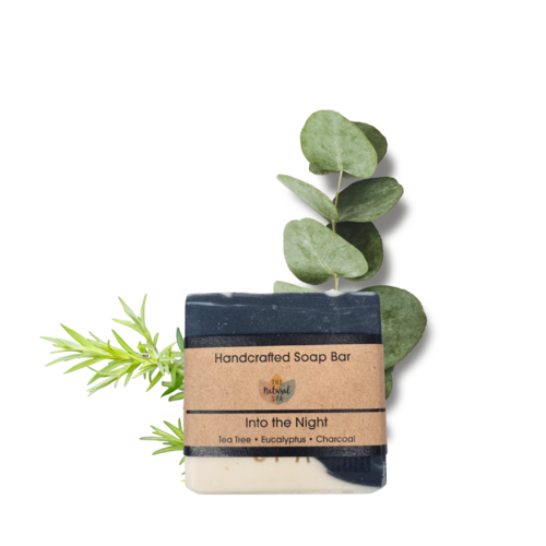 Detoxifying Into the Night soap bar with tea tree, eucalyptus and charcoal, zero-waste and cruelty-free.