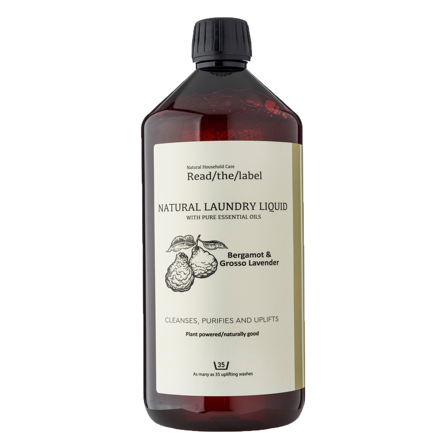 Natural laundry liquid in amber bottle with bergamot and lavender label, vegan and eco-friendly.