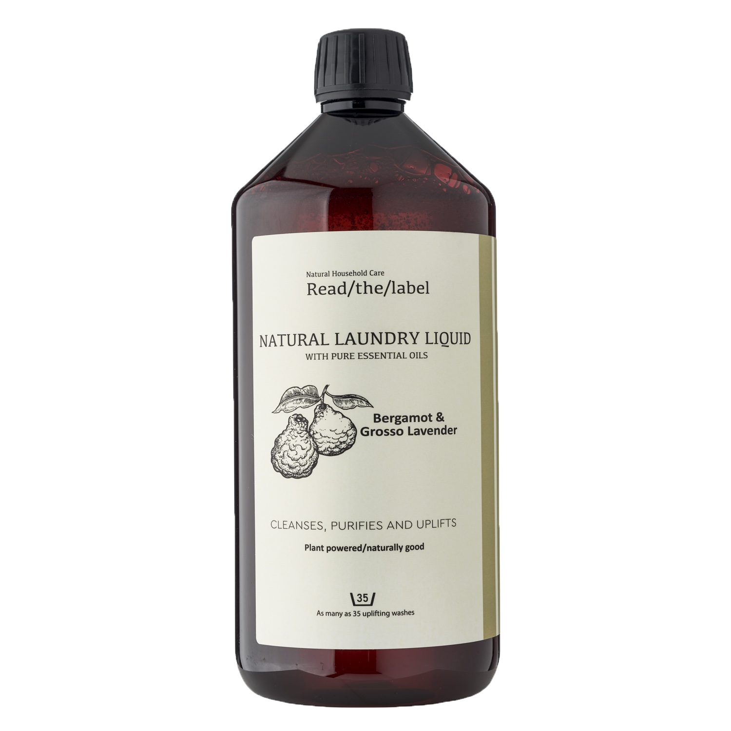 Natural laundry liquid in amber bottle with bergamot and lavender label, vegan and eco-friendly.