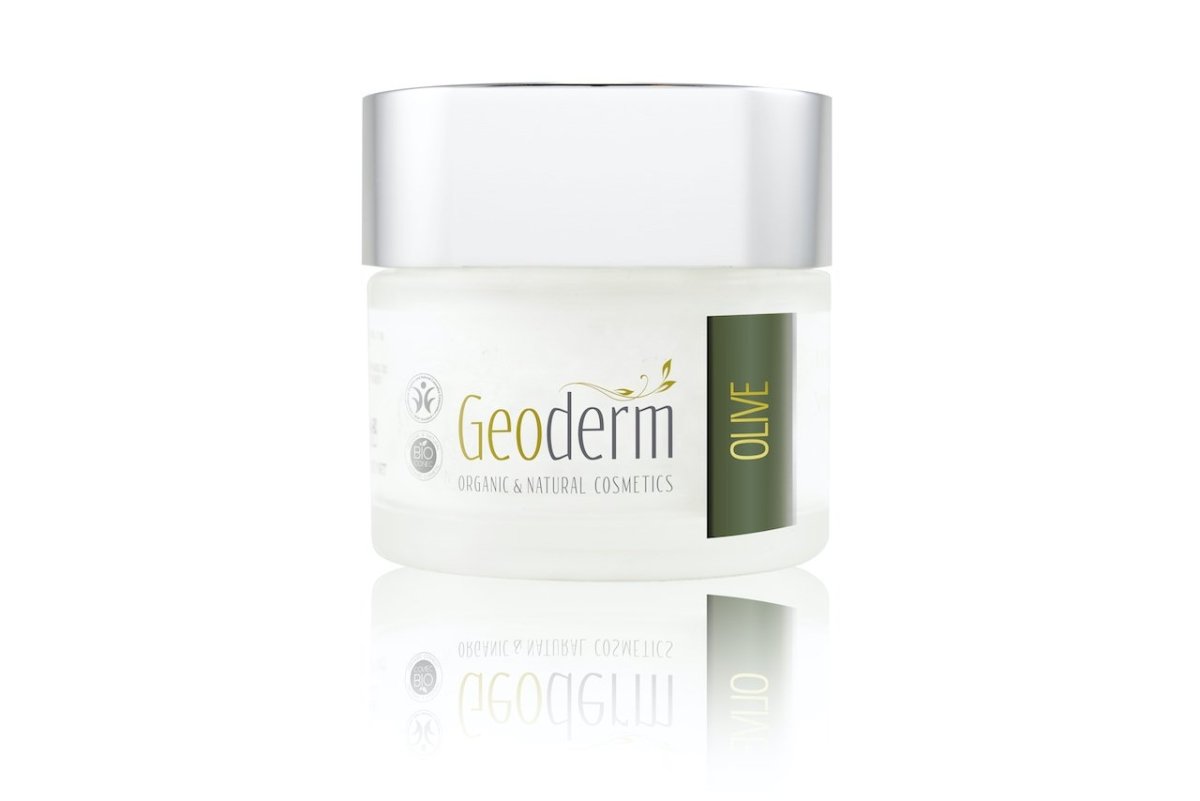 Organic olive oil facial cream jar for sensitive and anti-ageing care, 50ml, on white background.