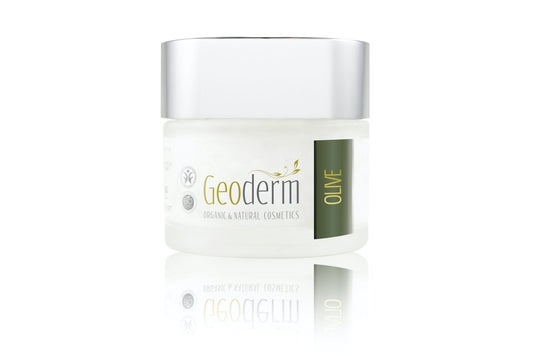 Organic olive oil facial cream jar for sensitive and anti-ageing care, 50ml, on white background.