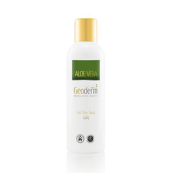 Organic aloe vera gel bottle, 100% natural and soothing, vegan and plastic-free, on white background.