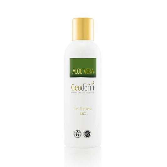 Organic aloe vera gel bottle, 100% natural and soothing, vegan and plastic-free, on white background.