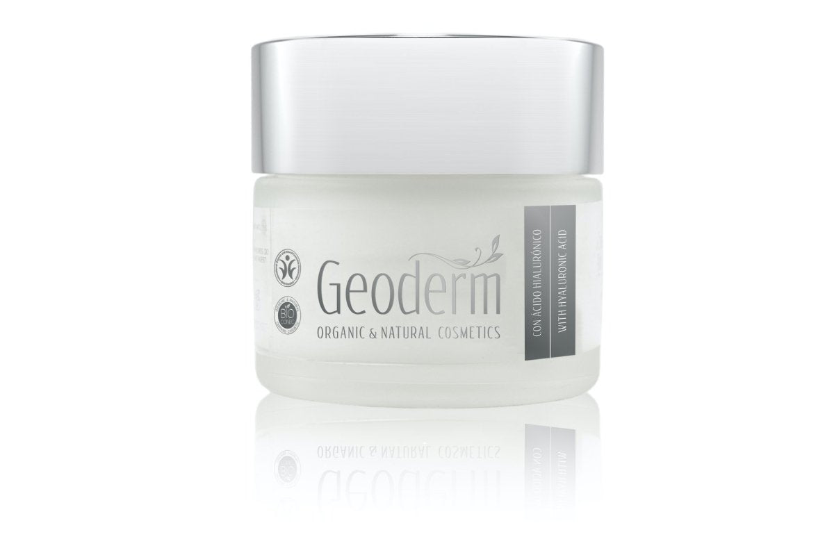 Geoderm hyaluronic acid face cream jar on a white background.