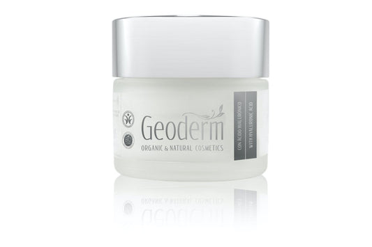 Geoderm hyaluronic acid face cream jar on a white background.