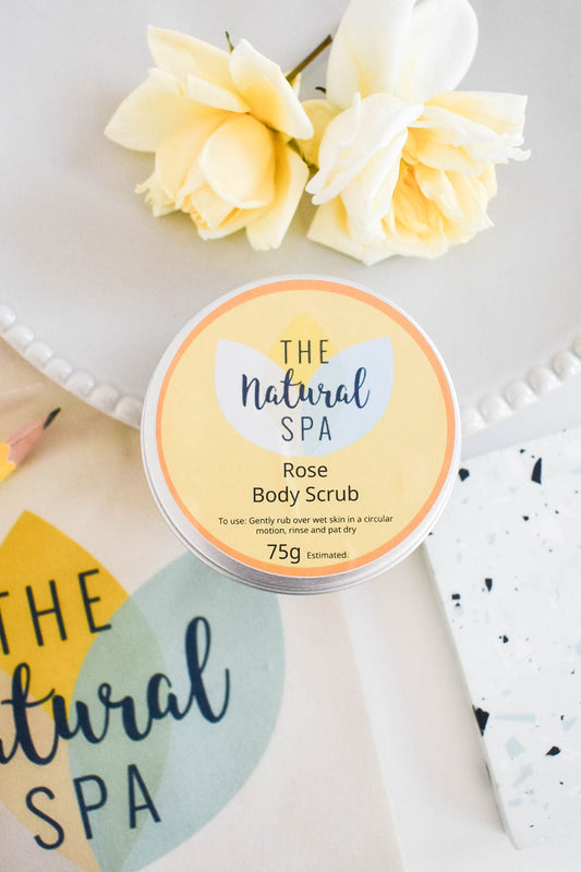 Rose sugar body scrub in aluminium tin with floral decor, handmade, vegan and plastic-free.