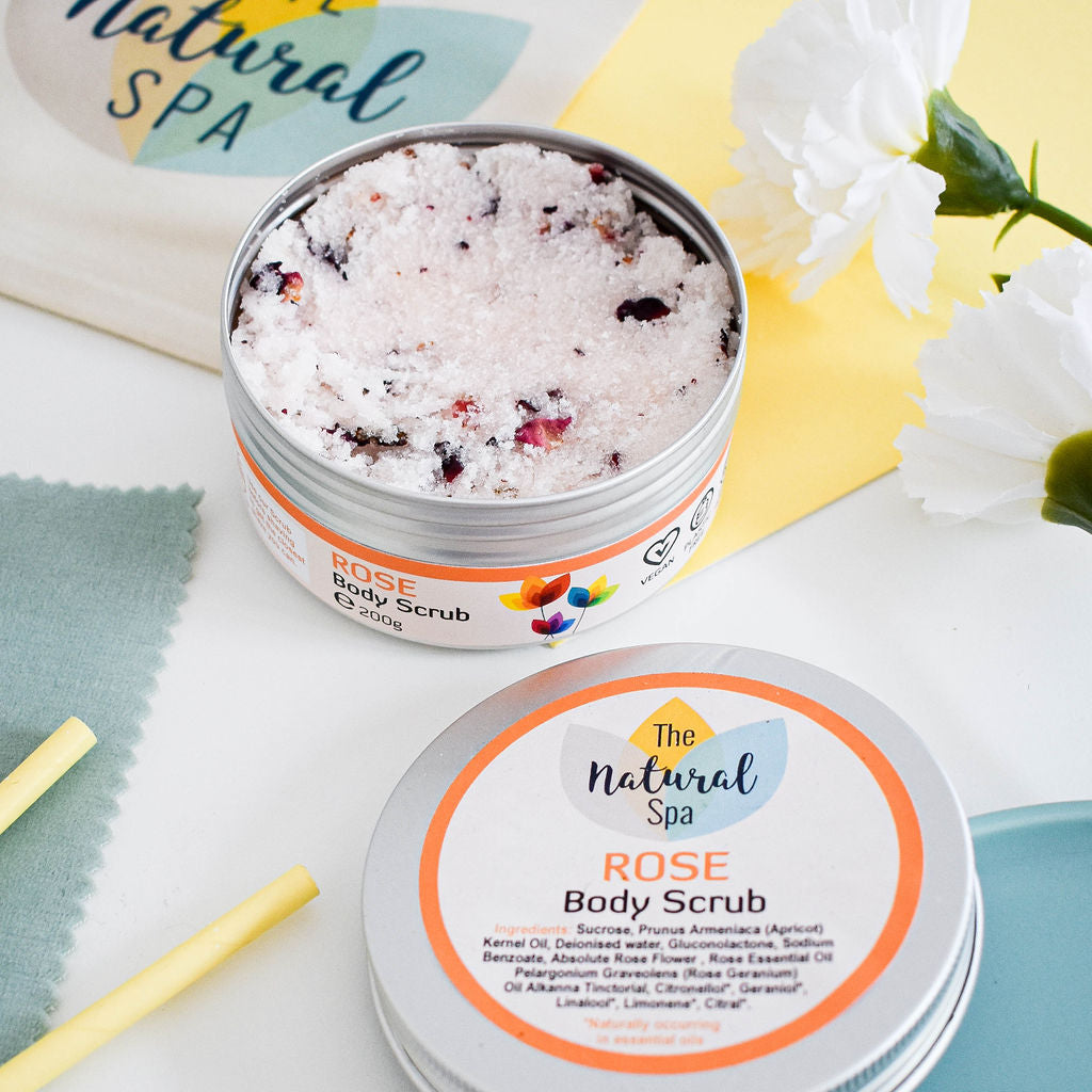 Rose sugar body scrub tin with delicate floral styling, vegan, handmade and zero waste.