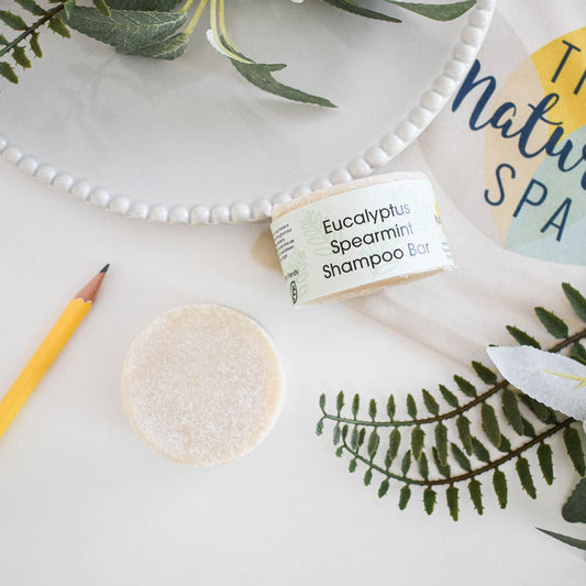 Spearmint and eucalyptus solid shampoo bar with green fern leaves and white spa plate, plastic-free and vegan